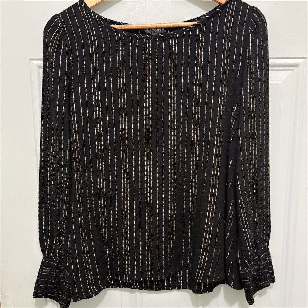 Express Blouse Womens Size L Black Gold Metallic Stripe Long Sleeve